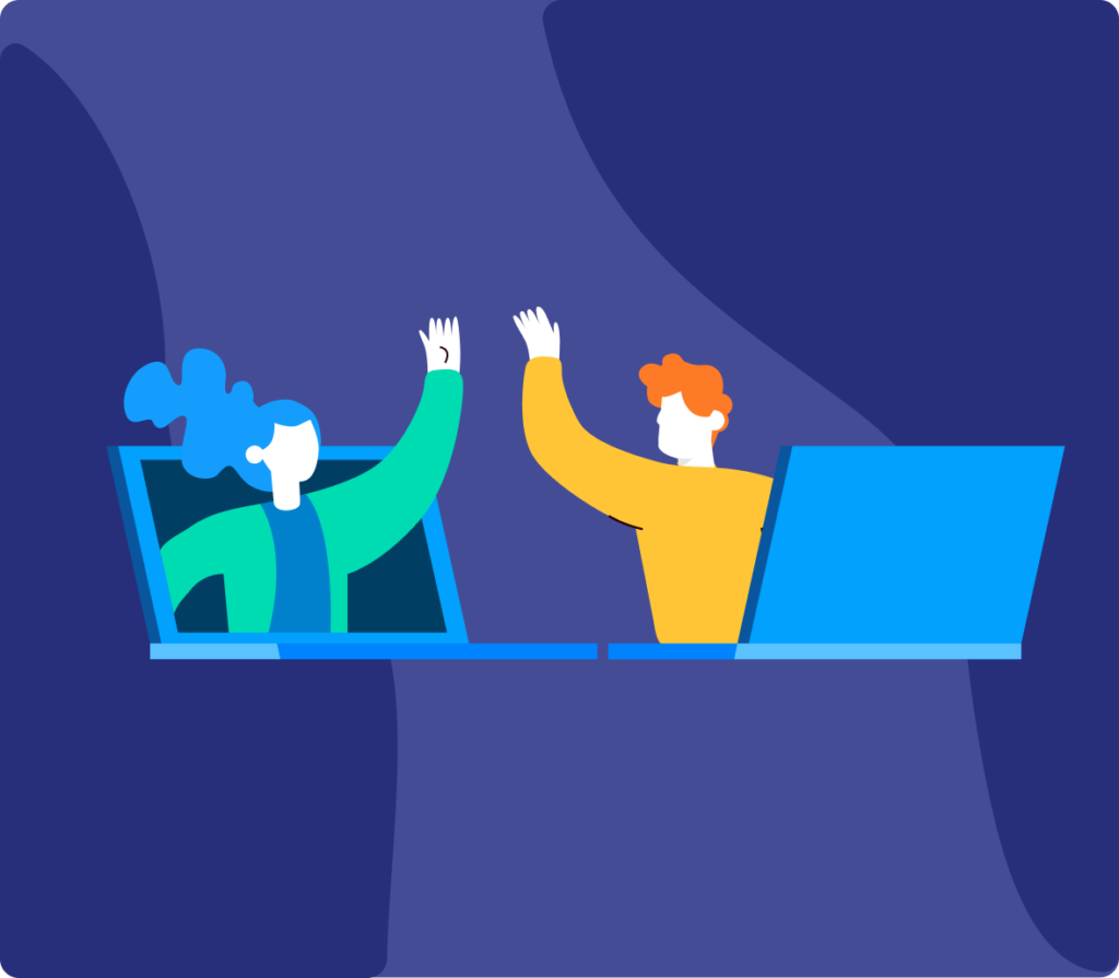 Fund Administration 4 An illustration of two people high-fiving each other through laptop screens