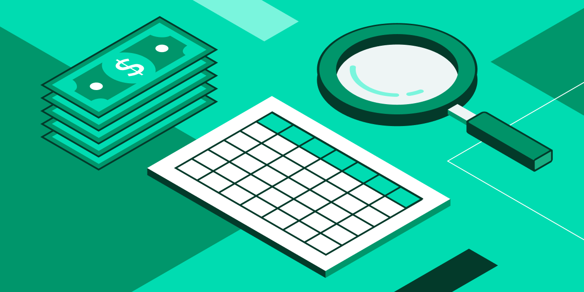 Magnifying glass hovering over a spreadsheet