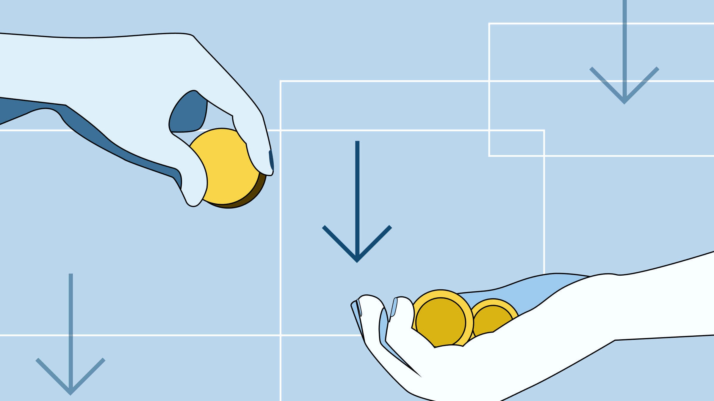 Blog 9 Hands exchanging coins over a backdrop of three arrows pointing downward